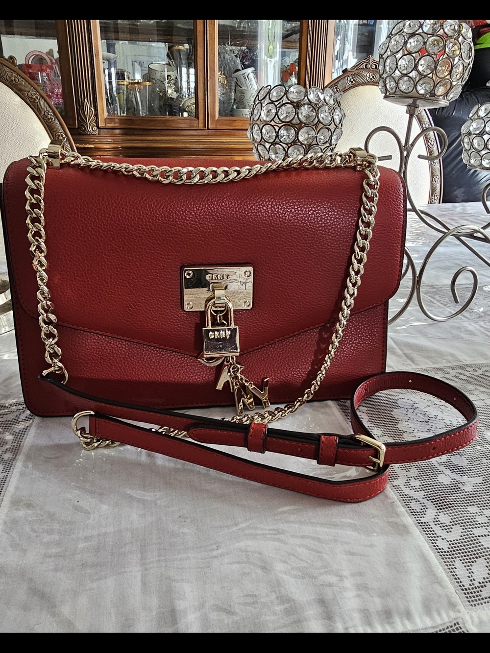 DKNY Redd Leather Chain Shoulder Bag with Gold Hardware